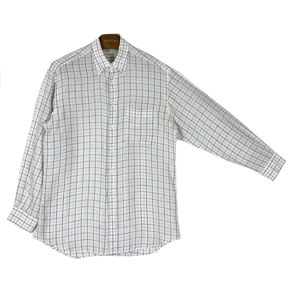 NWOT ERMENEGILDO ZEGNA Shirt Men M Linen Plaid White Brown Blue Long-Sleeve